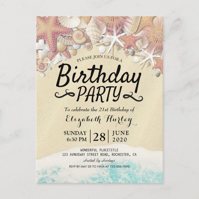 Summer Beach Birthday Party Starfish Sea shells Invitation Postcard (Front)