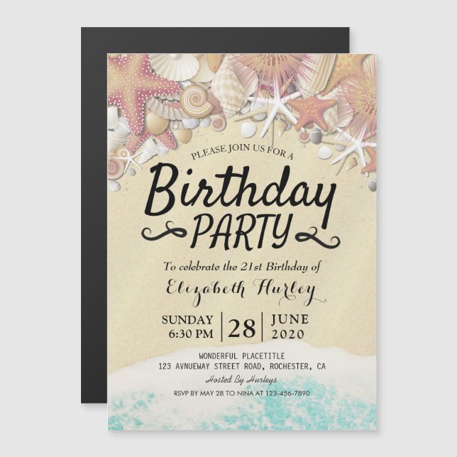 Summer Beach Birthday Party Starfish Sea shells Magnetic Invitation (Front/Back)