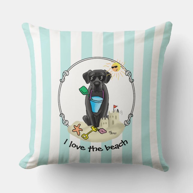 Summer Beach Black Lab Labrador Retriever Cute Throw Pillow (Front)