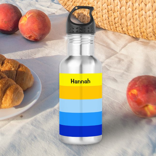 Summer Beach Blue and Yellow Stripes Personalized Stainless Steel Water Bottle (A stainless steel water bottle with modern color block design in sunny coastal yellow and blue)