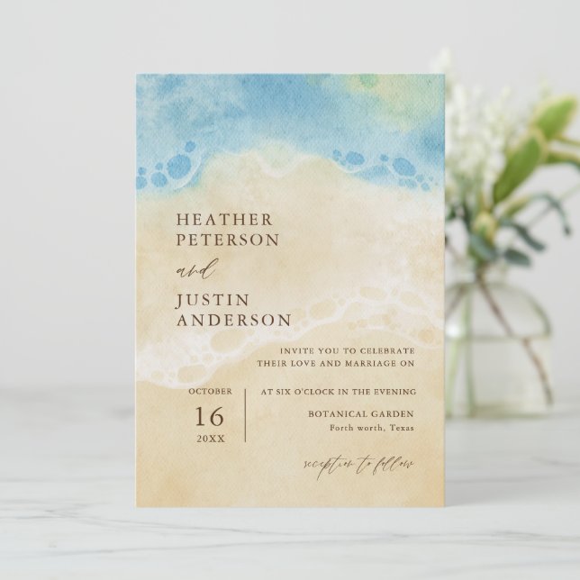 Summer Beach Blue Coastal Wedding Invitation (Standing Front)