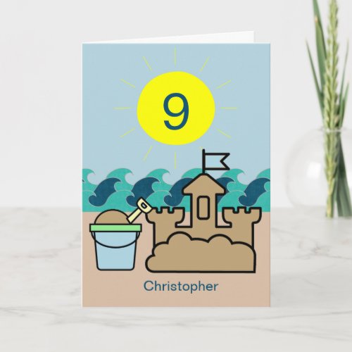 Summer Beach Blue Pail Sandcastle 9th Birthday Card