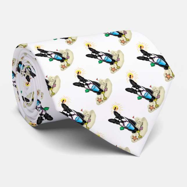 Summer Beach Boston Terrier (black) - Cute Dog Neck Tie (Rolled)