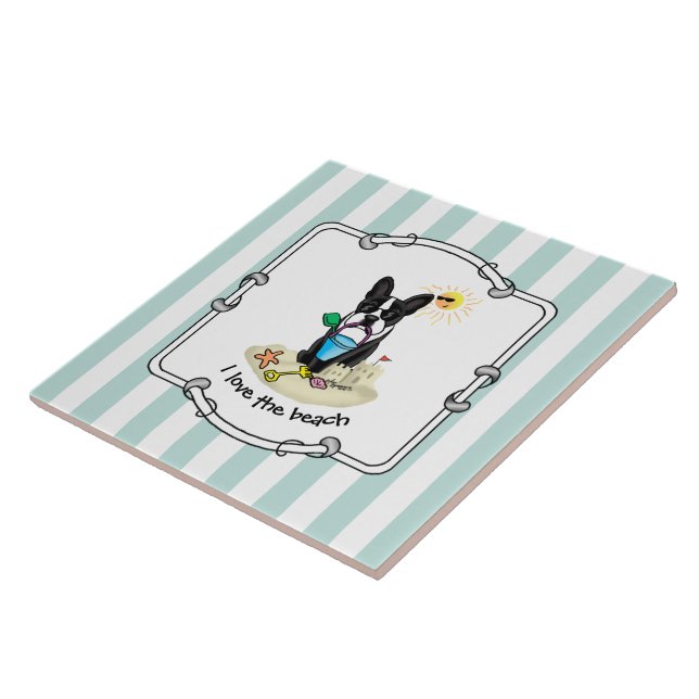 Summer Beach Boston Terrier Dog (black) Cute Ceramic Tile (Side)
