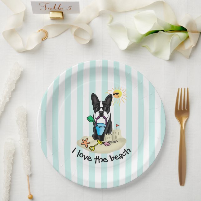 Summer Beach Boston Terrier Dog (black) Cute Paper Plates (Wedding)