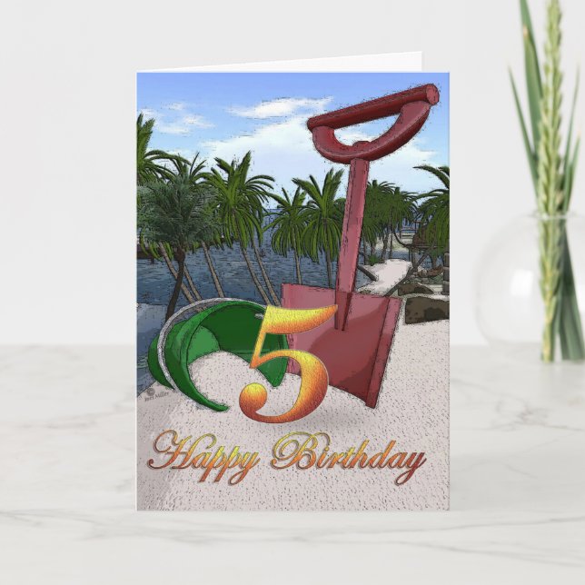 Summer beach bucket Happy Birthday Palm trees card (Front)