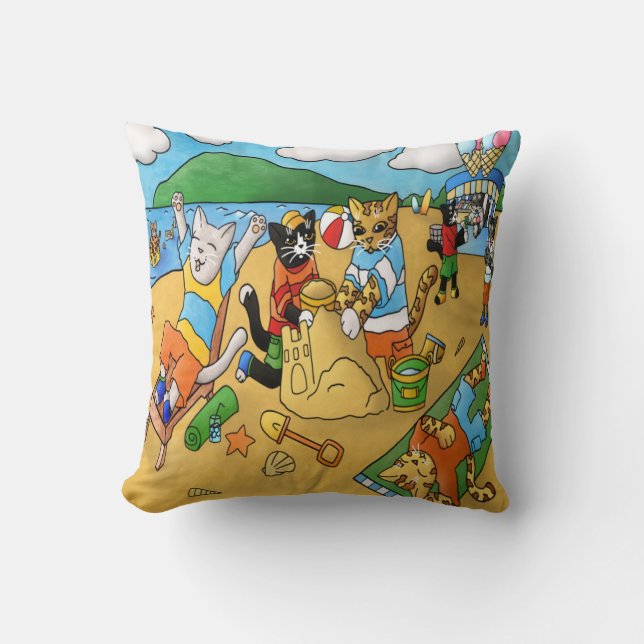 Summer Beach Cats Throw Pillow (Front)