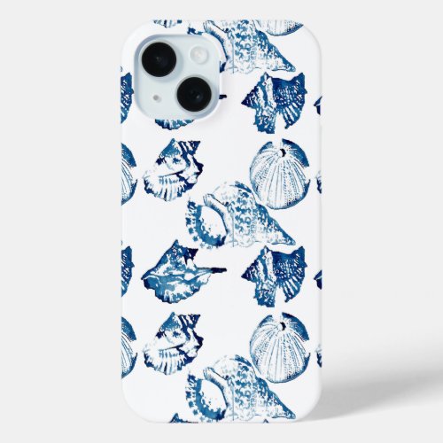 summer beach chic indigo blue watercolor seashell iPhone 15 case