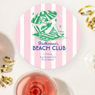 Summer Beach Club Pink Stripes Birthday Party Round Paper Coaster