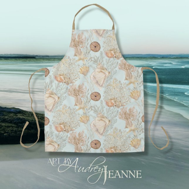 Summer Beach Coastal Sea Shell Watercolor Blue Tan Apron (Creator Uploaded)