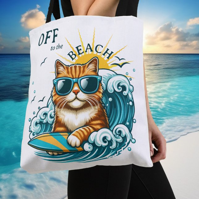 Summer Beach Cool Surf Cat Tote Bag (Tote bag featuring a cute kitty with sunglasses on a surf board on the waves and a warm summer sun.)