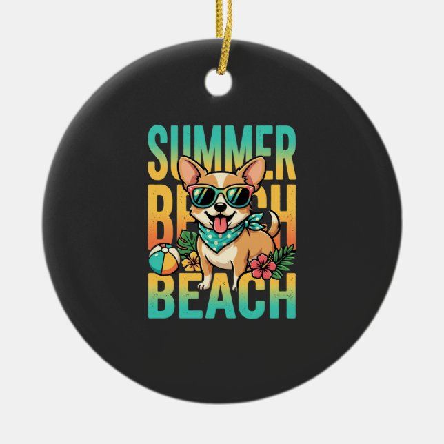 Summer Beach Dog Vacation Vector Ceramic Ornament (Front)