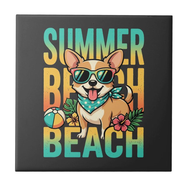 Summer Beach Dog Vacation Vector Ceramic Tile (Front)