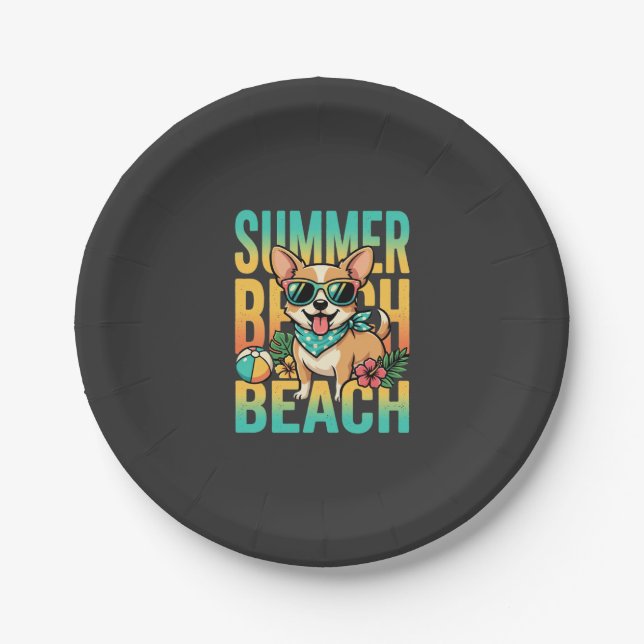 Summer Beach Dog Vacation Vector Paper Plates (Front)