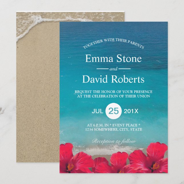 Summer Beach Elegant Tropical Flowers Wedding Invitation (Front/Back)