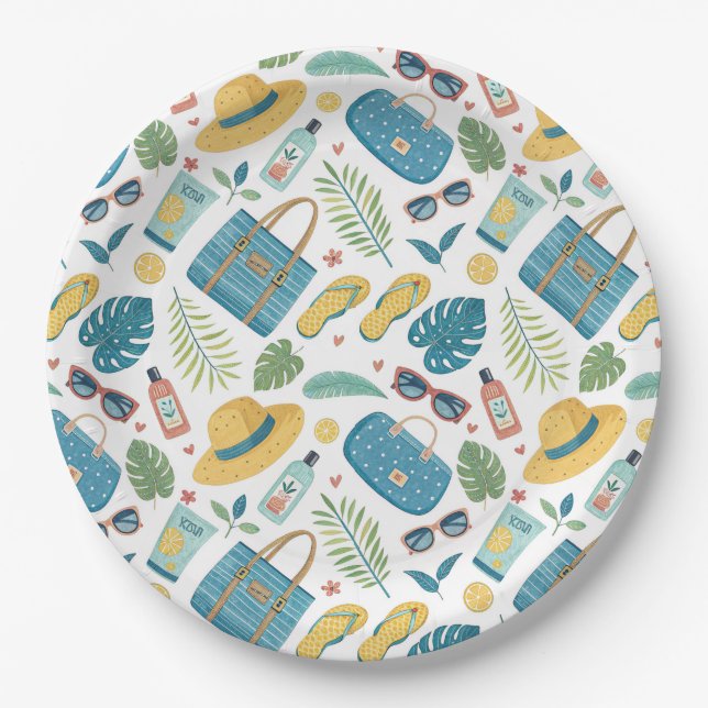 Summer Beach Essentials Pattern (2) Paper Plates (Front)