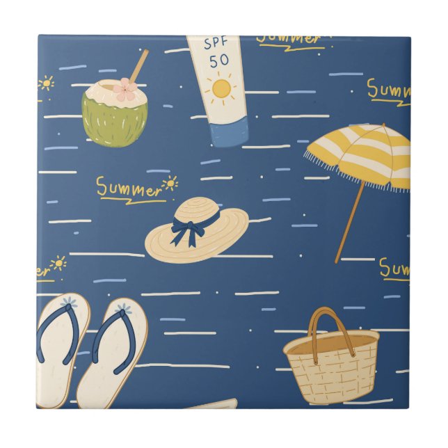 Summer Beach Essentials Pattern (3) Ceramic Tile (Front)