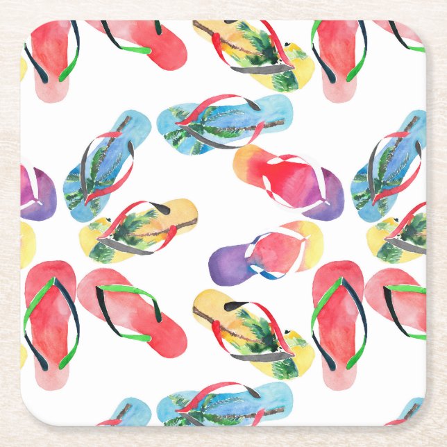 Summer Beach Flip Flops Pattern Square Paper Coaster (Front)