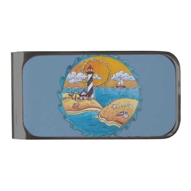 Summer beach fun sunny seashore coastal gunmetal finish money clip (Front)
