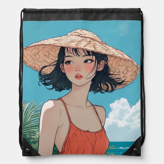Summer Beach Girl Anime Drawstring Backpack (Front)