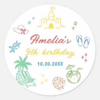 Summer Beach Girl Birthday Favor Classic Round Sticker