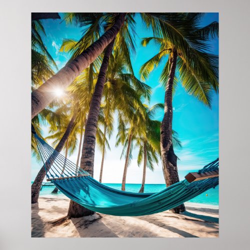 Summer Beach Hammock Ocean Vacation Palm Trees Poster