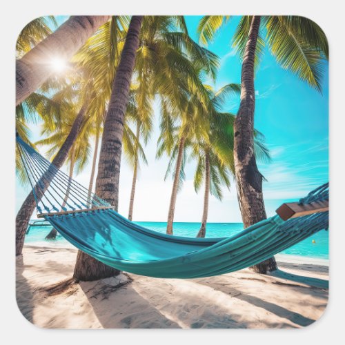 Summer Beach Hammock Ocean Vacation Palm Trees Square Sticker