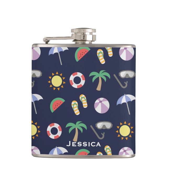 Summer Beach Holiday Blue Pattern Personalised Flask (Front)