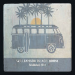 Summer Beach House Retro Surf Van Monogrammed Stone Coaster<br><div class="desc">Let's go to the beach and spend time in the surf and sun! Retro surf van with sun and palm trees. Monogram with your family name and date that family was established or date that your summer vacation rental became a reality. Great for summer beach cottages and beach theme.</div>