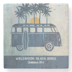 Summer Beach House Retro Surf Van Monogrammed Stone Coaster
