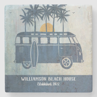 Summer Beach House Retro Surf Van Monogrammed Stone Coaster