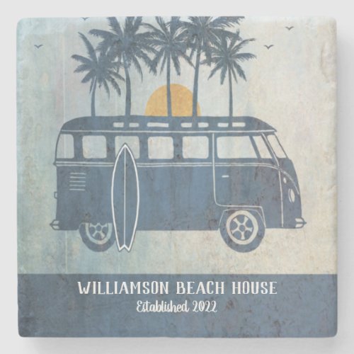 Summer Beach House Retro Surf Van Monogrammed Stone Coaster