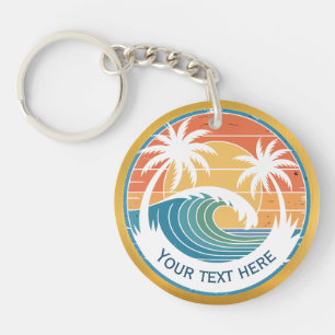 Summer Beach I Retro Sunset Surf and Palm Trees Keychain