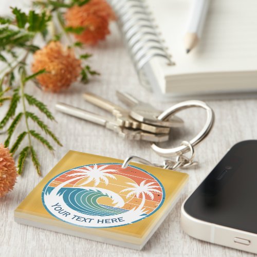 Summer Beach I Retro Sunset Surf and Palm Trees Keychain