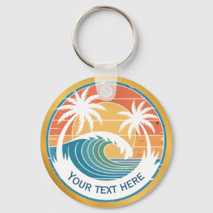Summer Beach I Retro Sunset Surf and Palm Trees Keychain