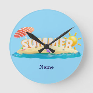 Summer Beach Island 3D Trendy Tropical Vacation Round Clock