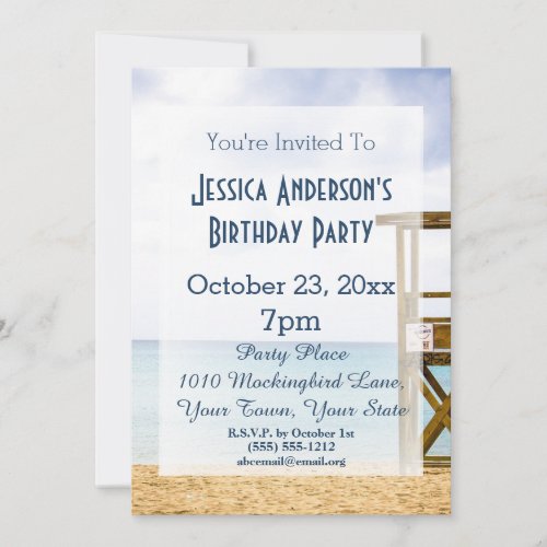 Summer Beach Lifeguard Blue Birthday Invitation