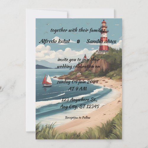 summer beach Lighthouse watercolor wedding Invitat Invitation