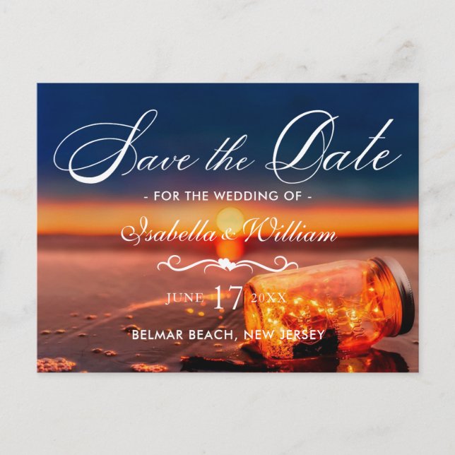 Summer Beach Mason Jar Blue Night Save the Date Announcement Postcard (Front)