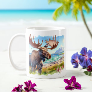 Summer Beach Moose Coffee Mug Watercolor