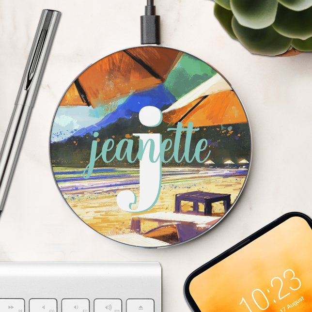 Summer Beach Name Monogram Wireless Charger (Creator Uploaded)