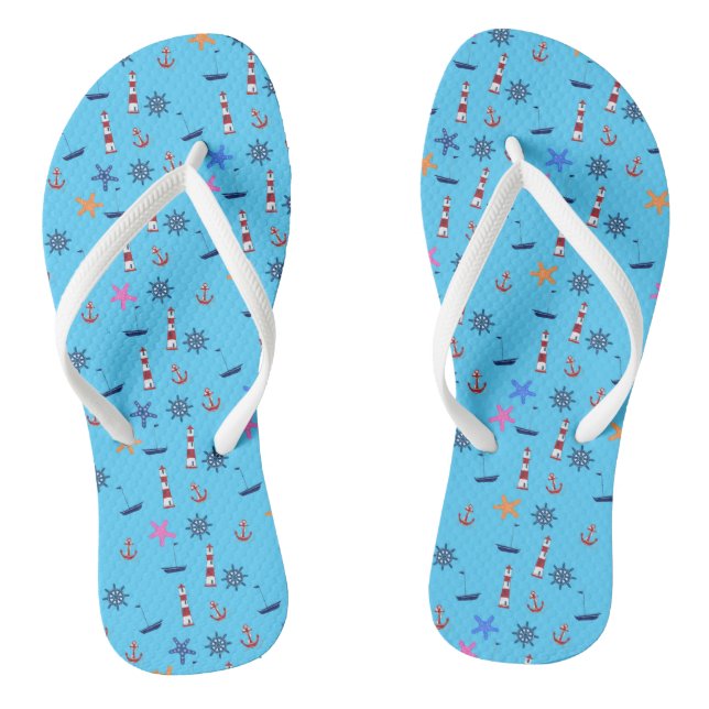 Summer Beach Nautical Blue Pattern Flip Flops (Footbed)
