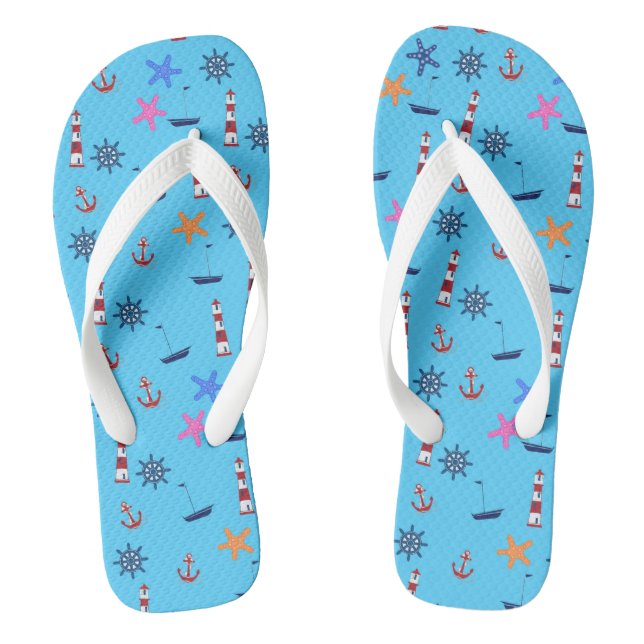 Summer Beach Nautical Blue Pattern Flip Flops (Footbed)