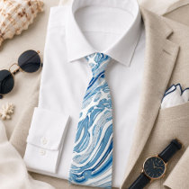 summer beach nautical waves watercolor blue swirls neck tie