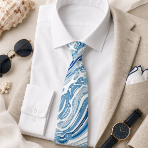 summer beach nautical waves watercolor blue swirls neck tie