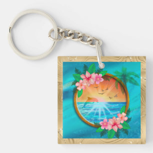 Summer Beach Ocean birds fly in sky and worm sunny Keychain