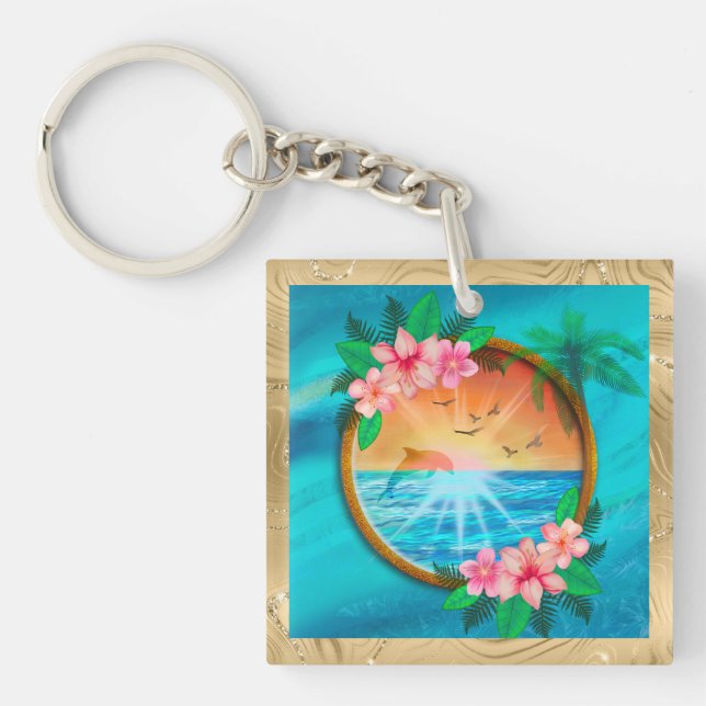 Summer Beach Ocean birds fly in sky and worm sunny Keychain (Front)