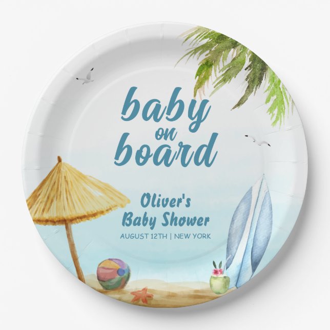 Summer Beach Ocean Surfboard Baby Shower Paper Plates (Front)