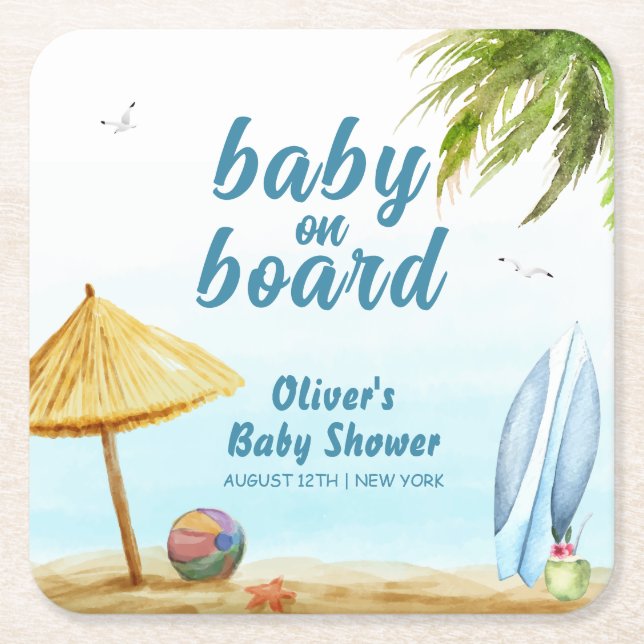 Summer Beach Ocean Surfboard Baby Shower Square Paper Coaster (Front)