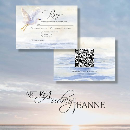 Summer Beach Ocean Watercolor Bird QR code Wedding RSVP Card